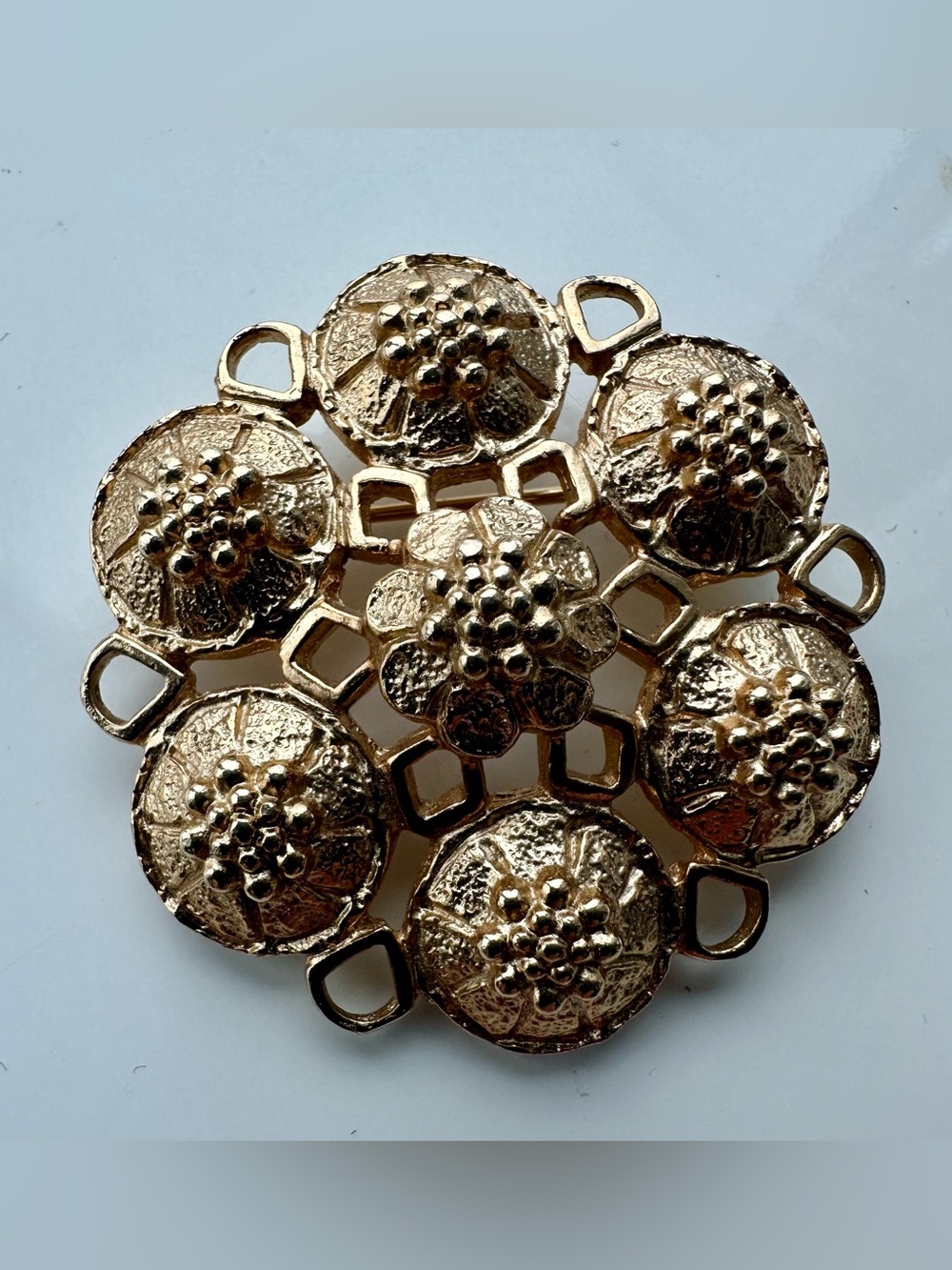 Vintage-Inspired Floral Medallion Brooch in Gold Tone
